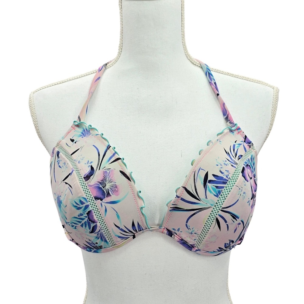 Floral Pink Y2K Beach Vacation Resort Crisscross Shade & Shore Bikini Top 36D